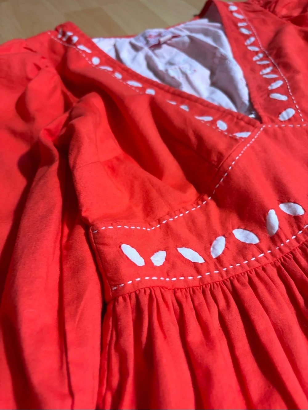 Anthropologie‎ Banjanan Red with Inlaid Embroiderey Mini Dress Poplin Cotton